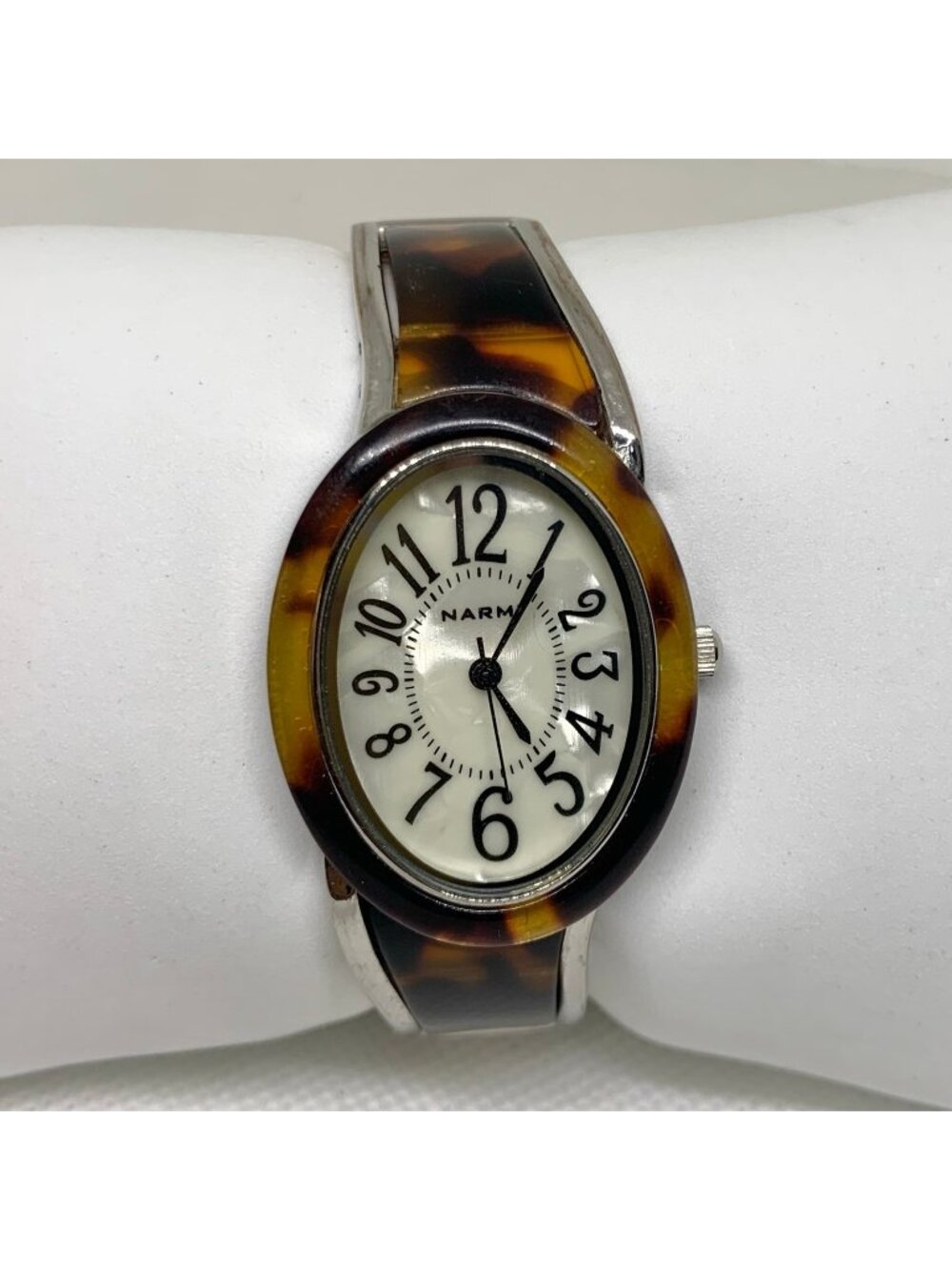 Narmi silver tone Tortoise shell cuff bracelet watch mop dial 28mm 6.5” running